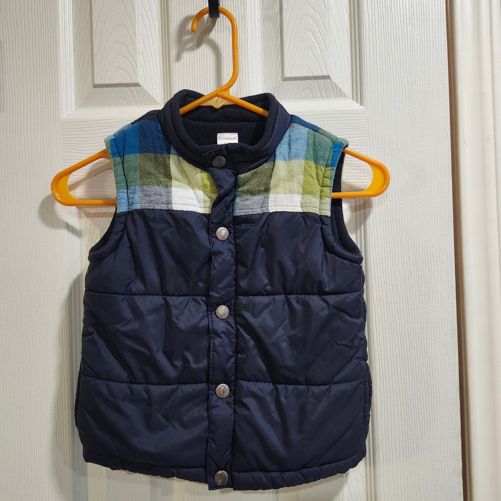 Gymboree Boys Navy Blue Plaid Quilted Fleece Lined Puffer Vest 2T-3T